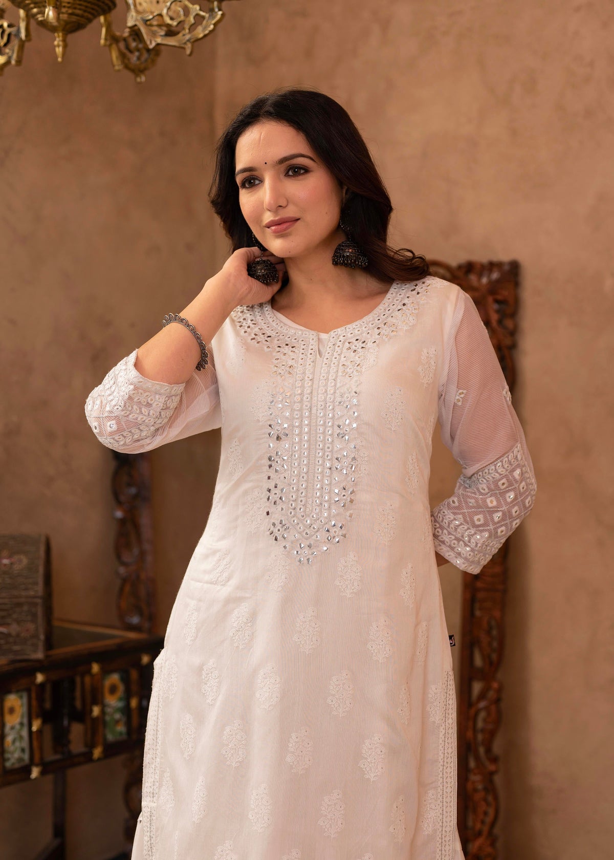 Juniper White Chanderi Mirror Embroidered Kurta With Gota Lace & Glitter Work