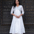 Juniper White Chanderi Geometric Printed Dress With Mirror Embroidery, Gota Lace & Glitter Work