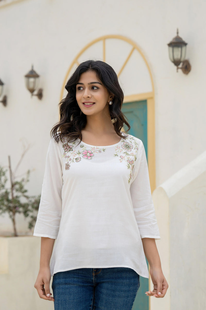 Juniper White Solid Viscose Tunic With Thread Work