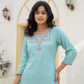Juniper Aqua Solid Viscose Tunic With Thread Work