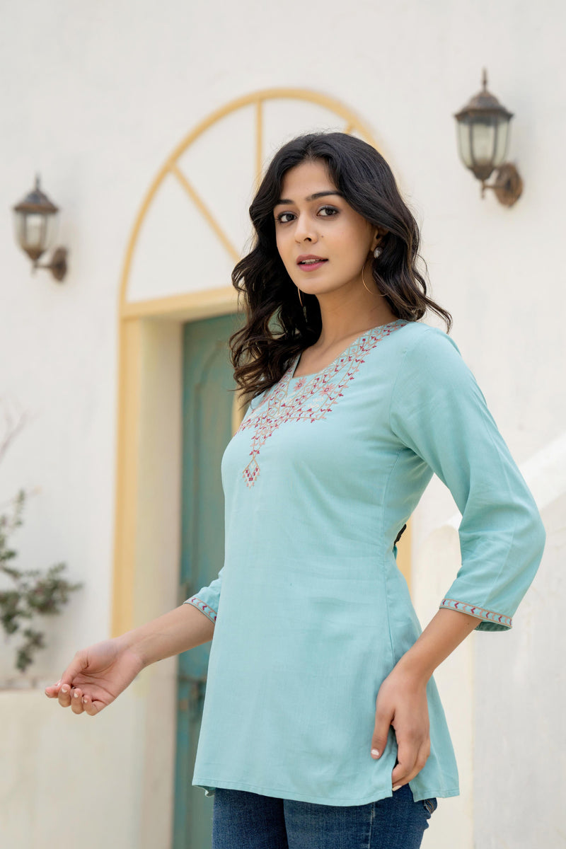 Juniper Aqua Solid Viscose Tunic With Thread Work