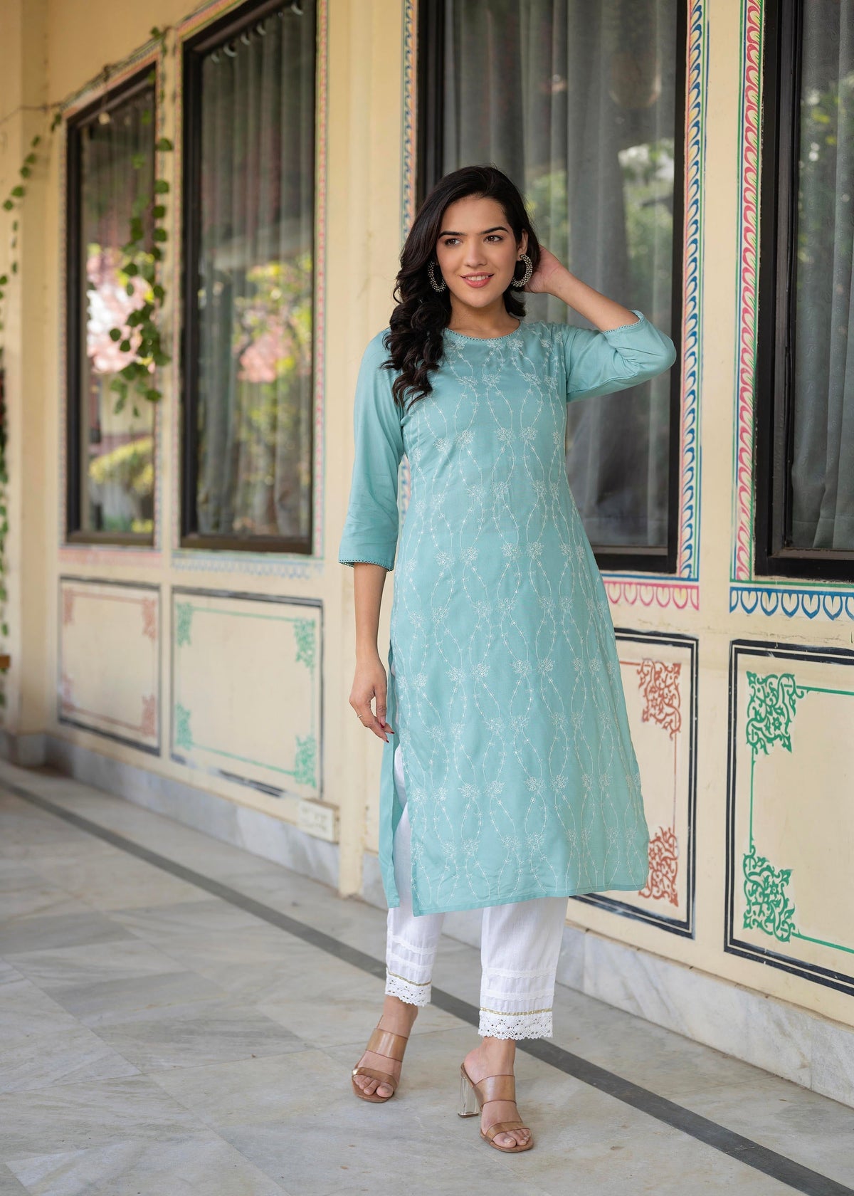 Juniper Aqua Embroidered Floral Viscose Kurta With Sequins & Cotton Lace