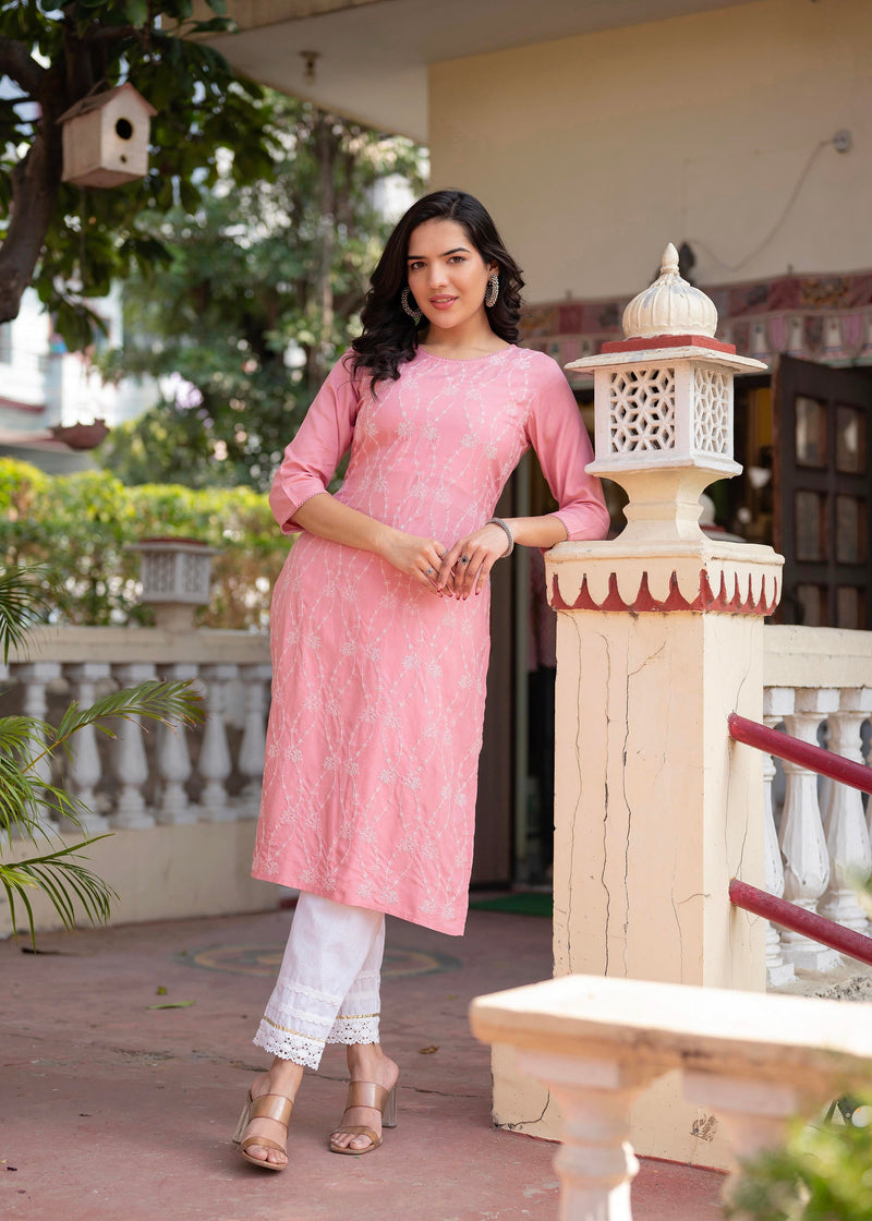 Juniper Onion Pink Embroidered Viscose Kurta With Sequins & Cotton Lace
