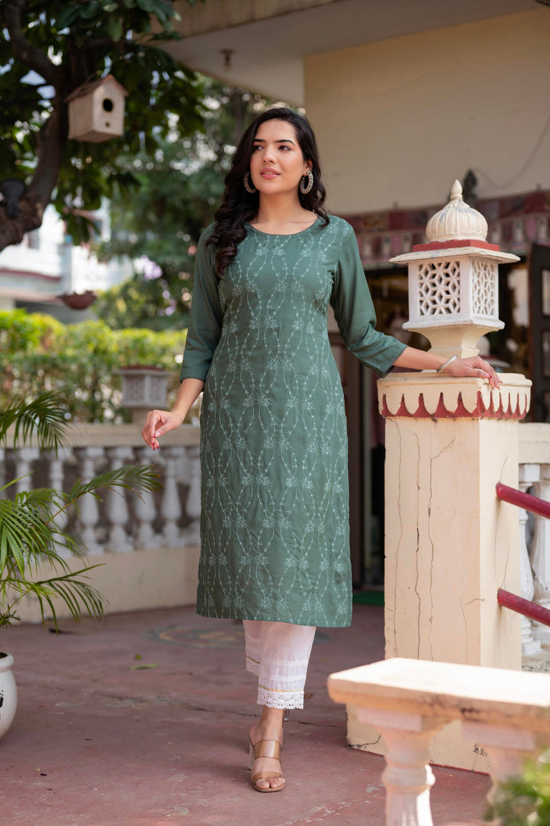 Juniper Sage Green Embroidered Viscose Kurta With Sequins & Cotton Lace