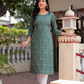 Juniper Sage Green Embroidered Viscose Kurta With Sequins & Cotton Lace