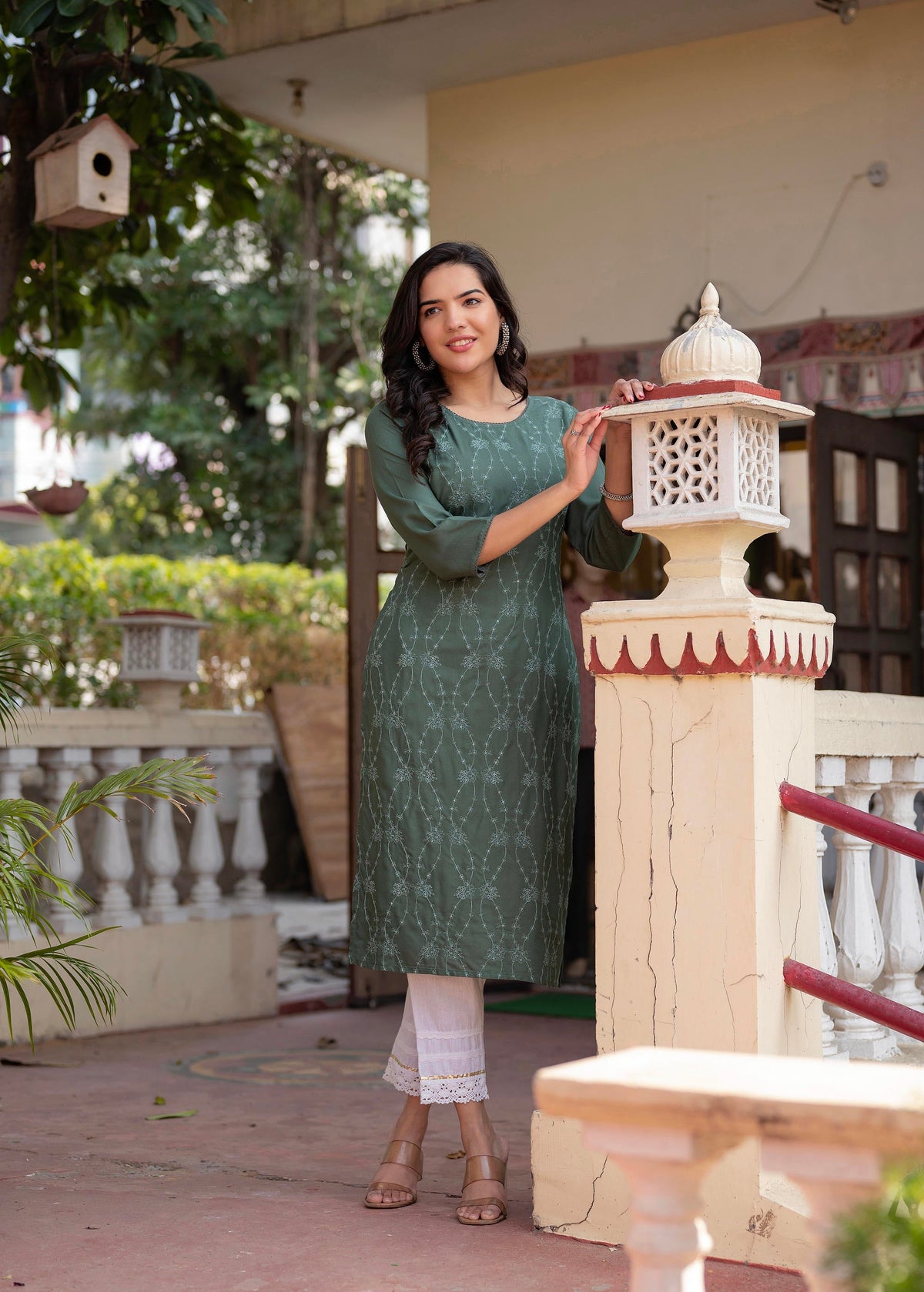 Juniper Sage Green Embroidered Viscose Kurta With Sequins & Cotton Lace