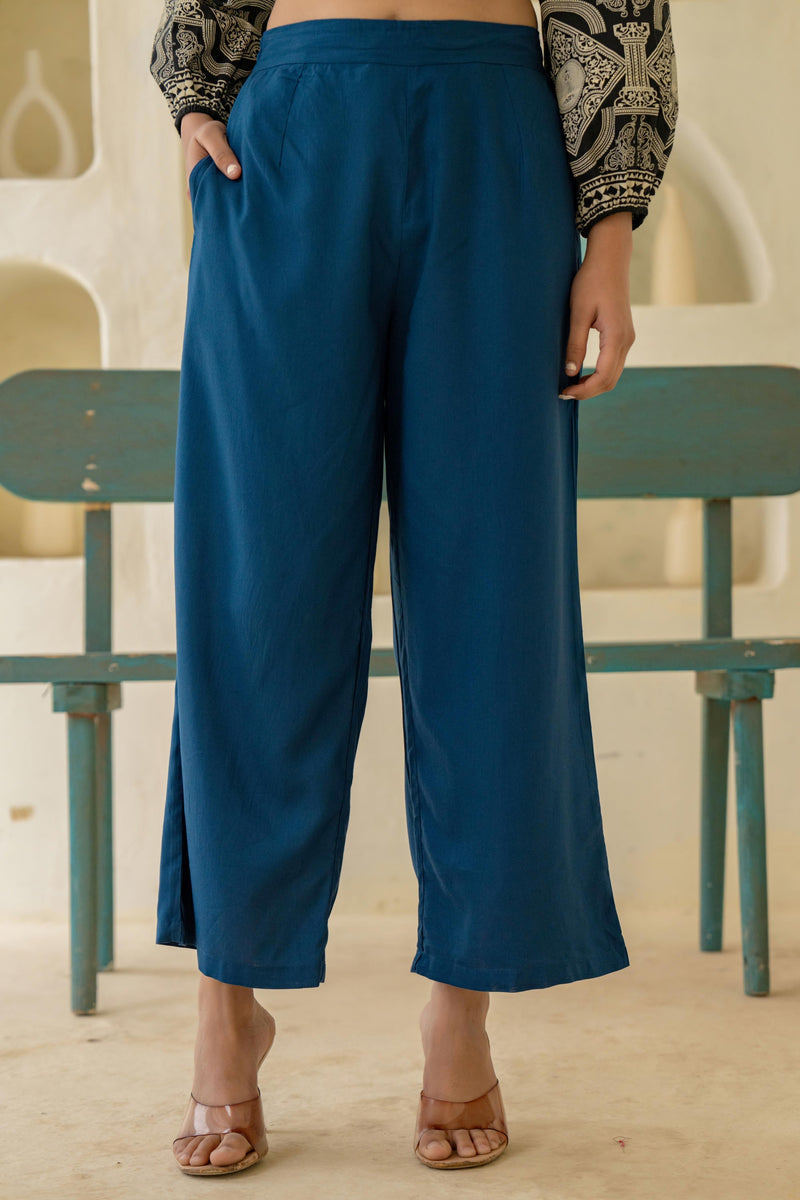 Juniper Navy Solid Viscose Palazzo Pants