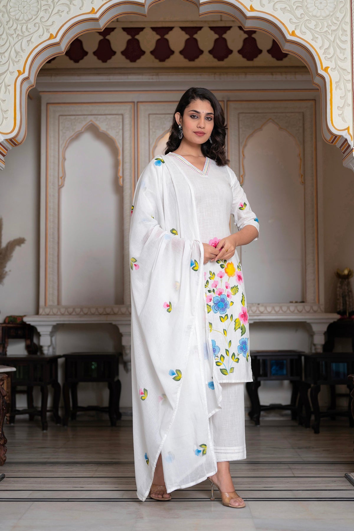 Juniper White Hand-Painted Floral Cotton Kurta With Palazzo & Lace Details
