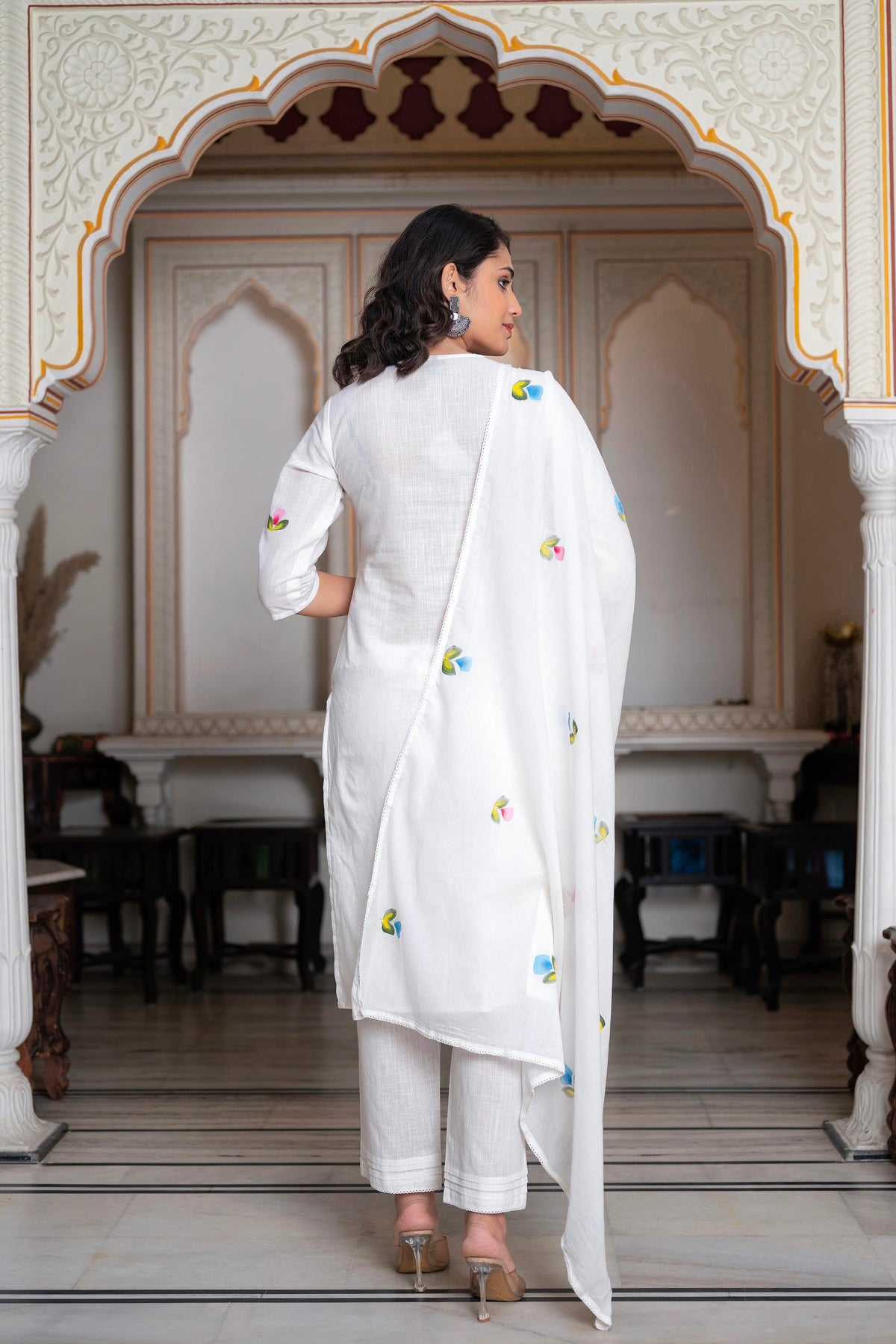 Juniper White Hand-Painted Floral Cotton Kurta With Palazzo & Lace Details