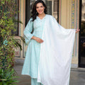 Juniper Mint Brocade Embroidered Kurta-Palazzo & Dupatta Set With Cotton Lace & Sequins