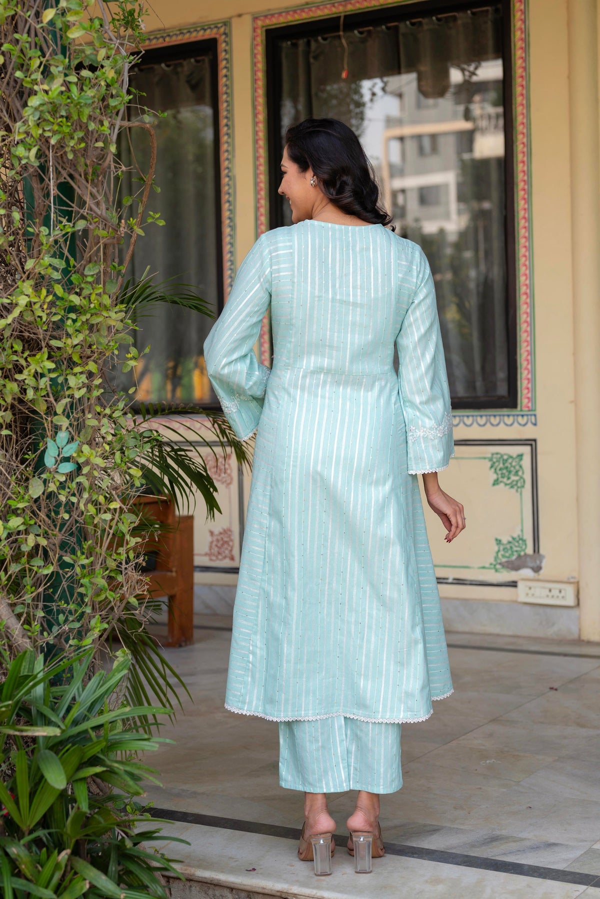 Juniper Mint Brocade Embroidered Kurta-Palazzo & Dupatta Set With Cotton Lace & Sequins
