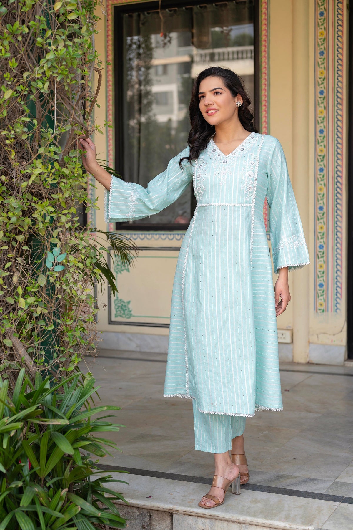 Juniper Mint Brocade Embroidered Kurta-Palazzo & Dupatta Set With Cotton Lace & Sequins