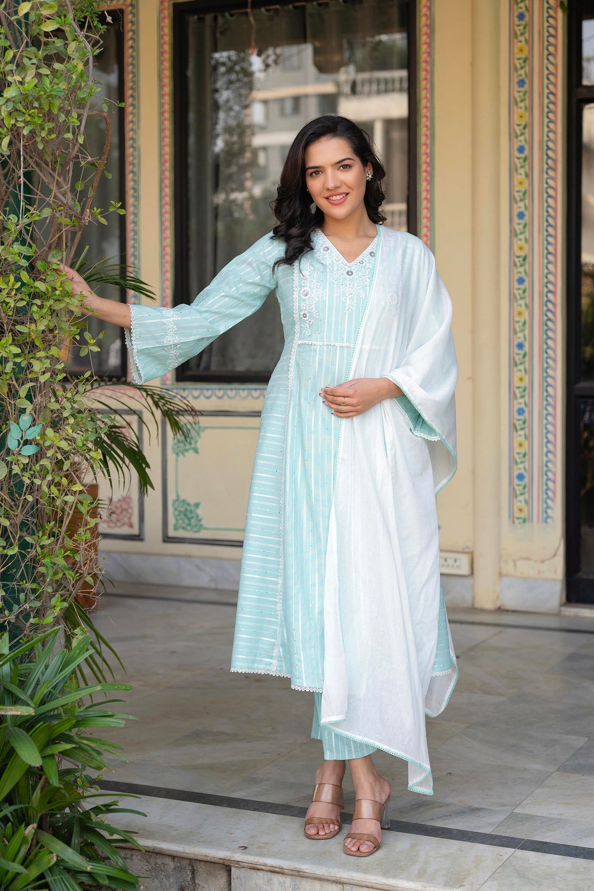 Juniper Mint Brocade Embroidered Kurta-Palazzo & Dupatta Set With Cotton Lace & Sequins