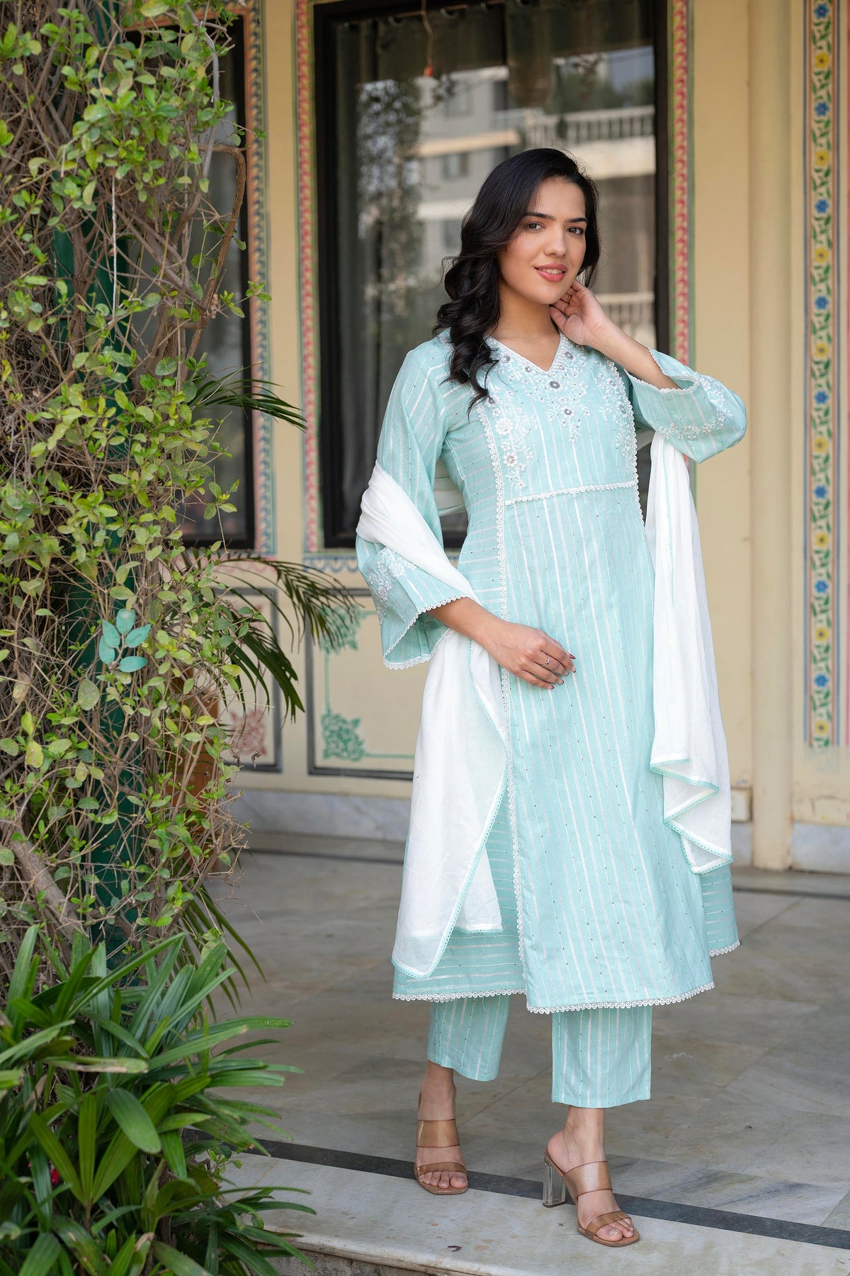 Juniper Mint Brocade Embroidered Kurta-Palazzo & Dupatta Set With Cotton Lace & Sequins