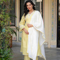 Juniper Mustard Brocade Embroidered Kurta-Palazzo & Dupatta Set With Thread Work, Cotton Lace & Sequins