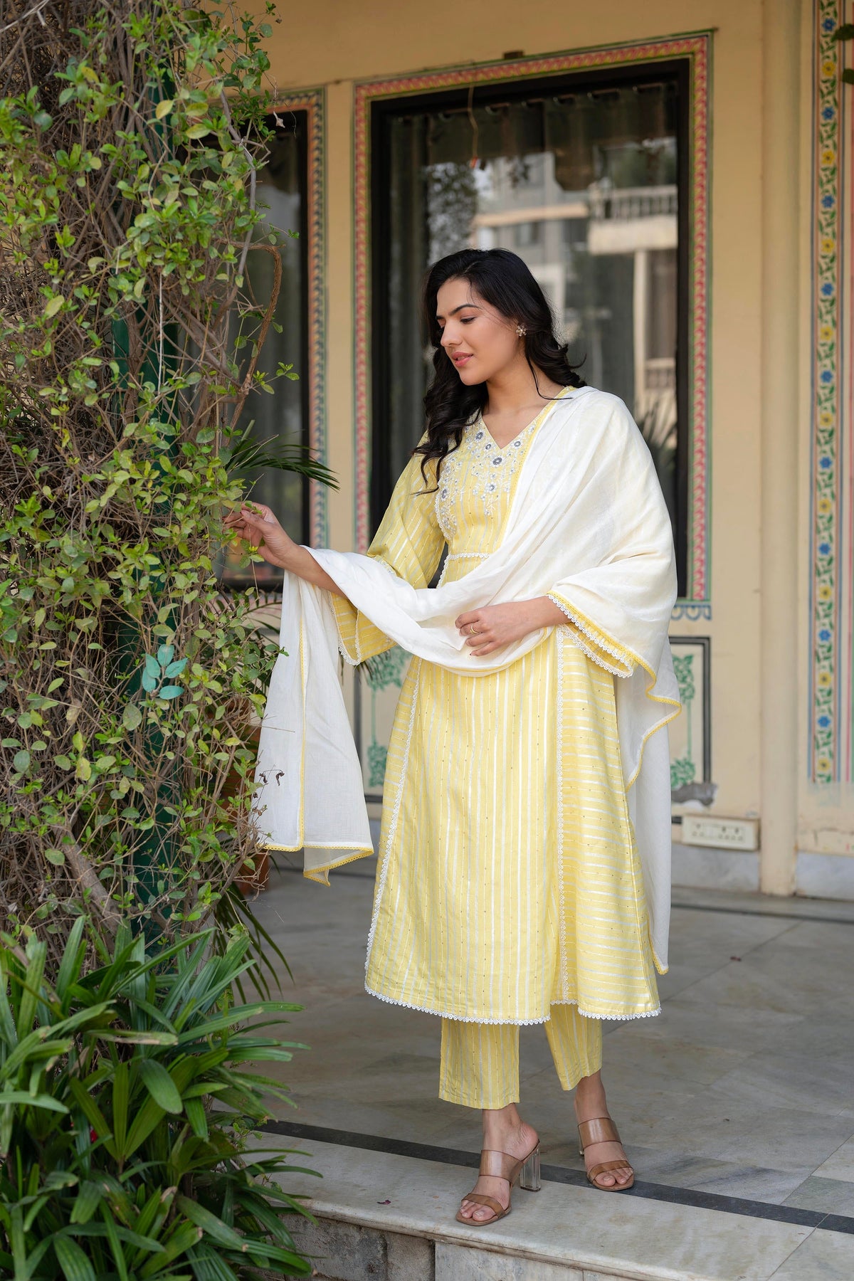 Juniper Mustard Brocade Embroidered Kurta-Palazzo & Dupatta Set With Thread Work, Cotton Lace & Sequins