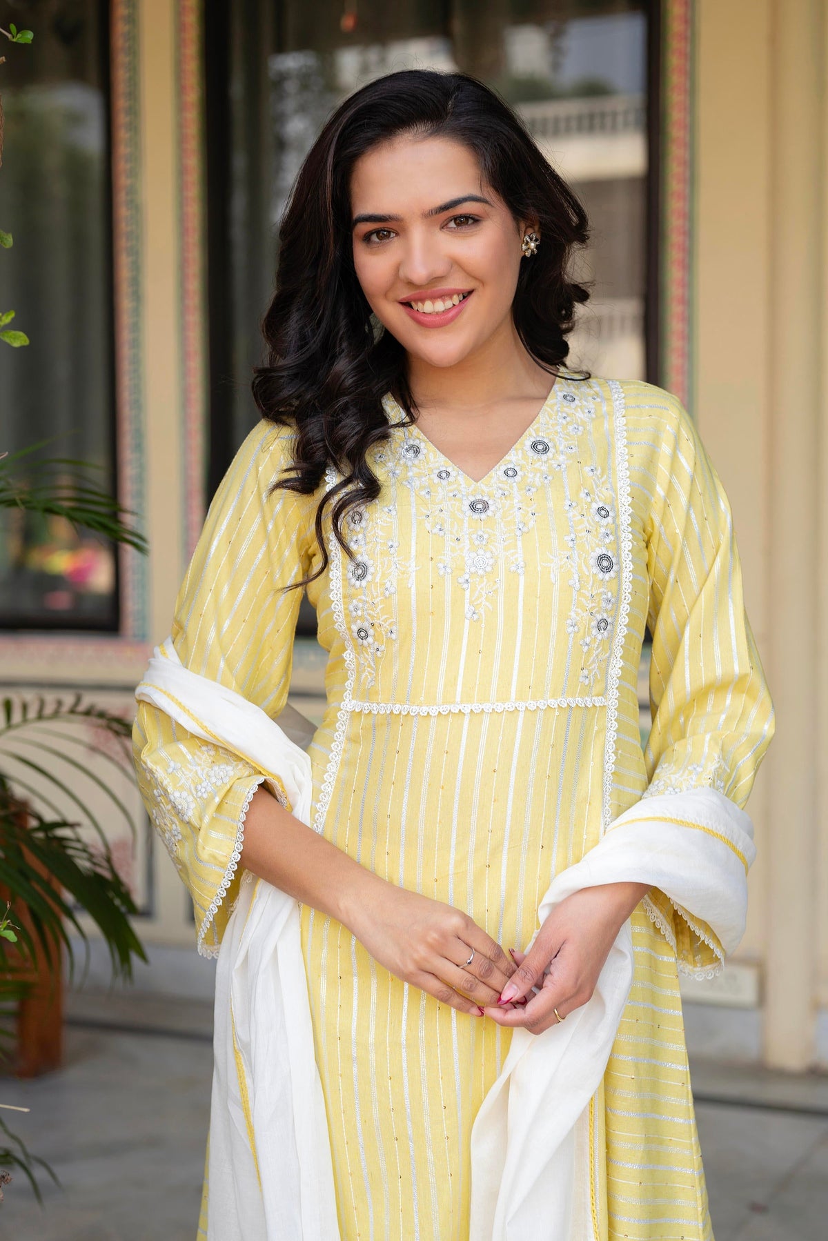 Juniper Mustard Brocade Embroidered Kurta-Palazzo & Dupatta Set With Thread Work, Cotton Lace & Sequins