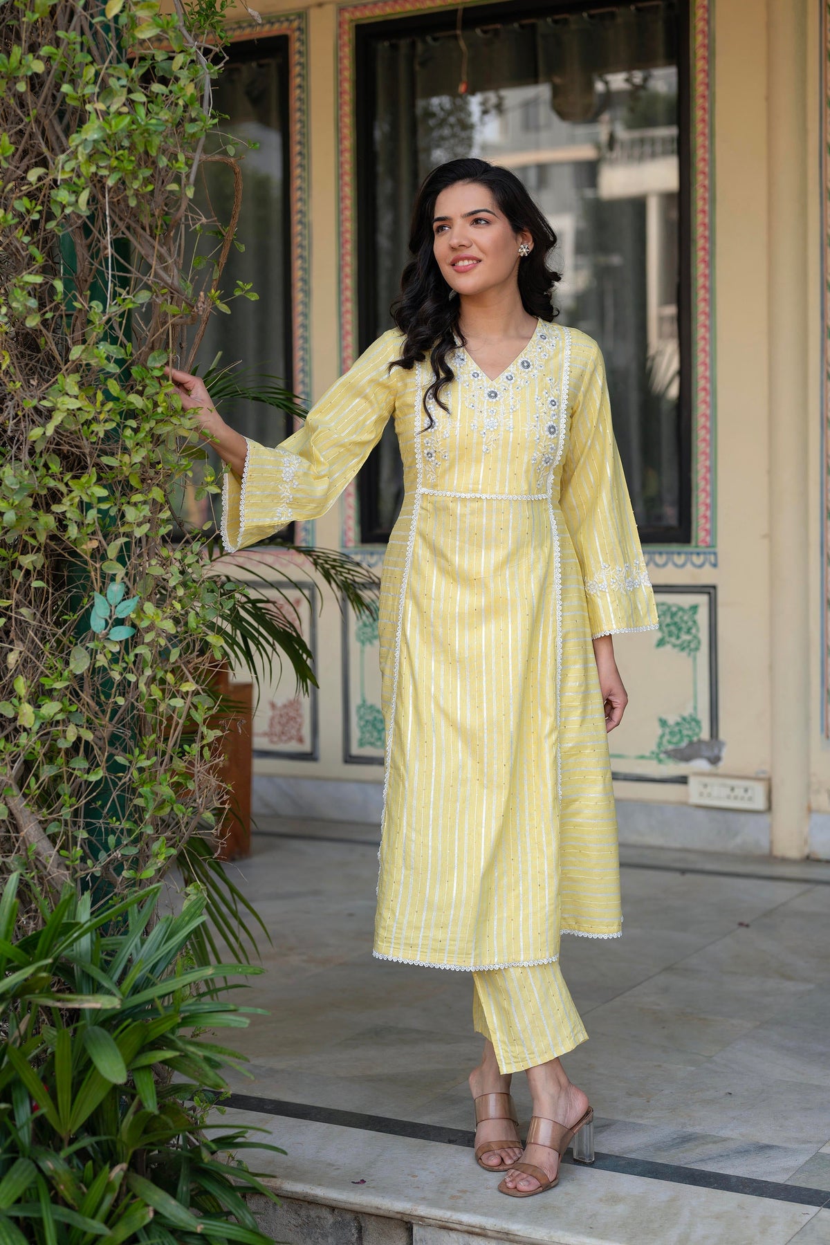 Juniper Mustard Brocade Embroidered Kurta-Palazzo & Dupatta Set With Thread Work, Cotton Lace & Sequins