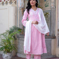 Juniper Pink Brocade Embroidered Kurta-Palazzo & Dupatta Set With Thread Work, Cotton Lace & Sequins