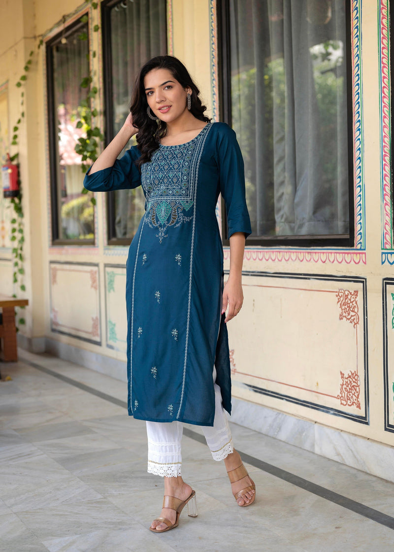 Juniper Blue Viscose Geometric Printed Kurta With Ethnic Motifs & Thread Work
