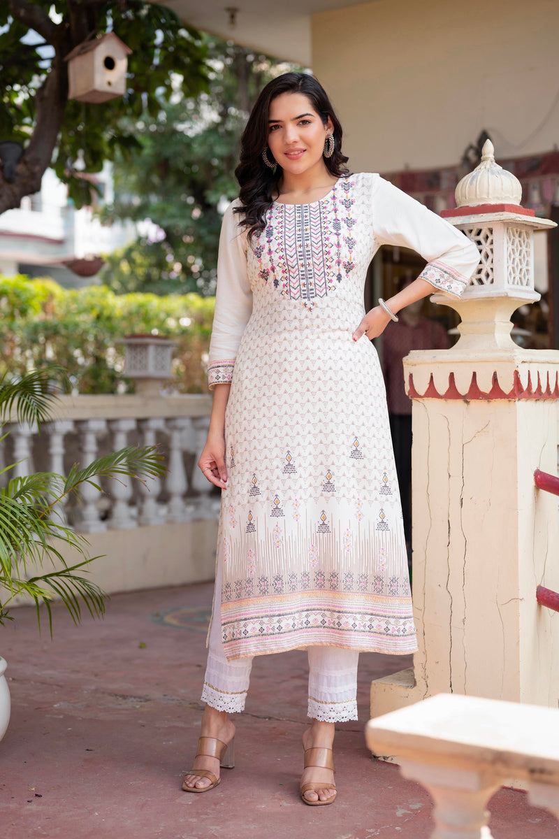 Juniper Off White Viscose Ethnic Motif Kurta With Thread Work