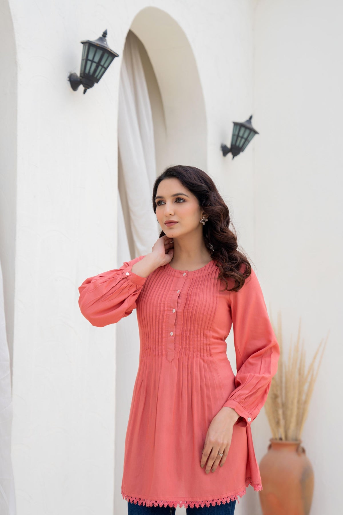 Juniper Coral Solid Viscose Tunic With Buttons & Lace