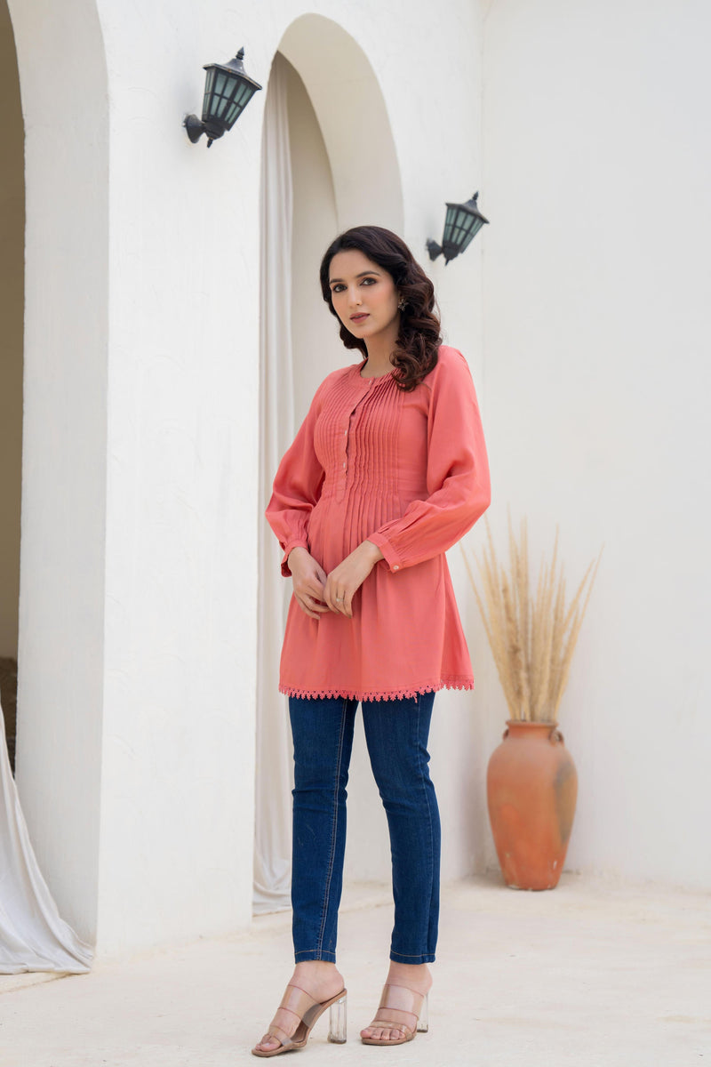 Juniper Coral Solid Viscose Tunic With Buttons & Lace