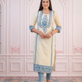 Juniper Blue Viscose Printed Kurta With Ethnic Motifs, Cotton Lace, Sequins & Bead Work