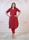 Juniper Maroon Cotton Linen Pleated Kurta-Pant Set With Cotton Lace