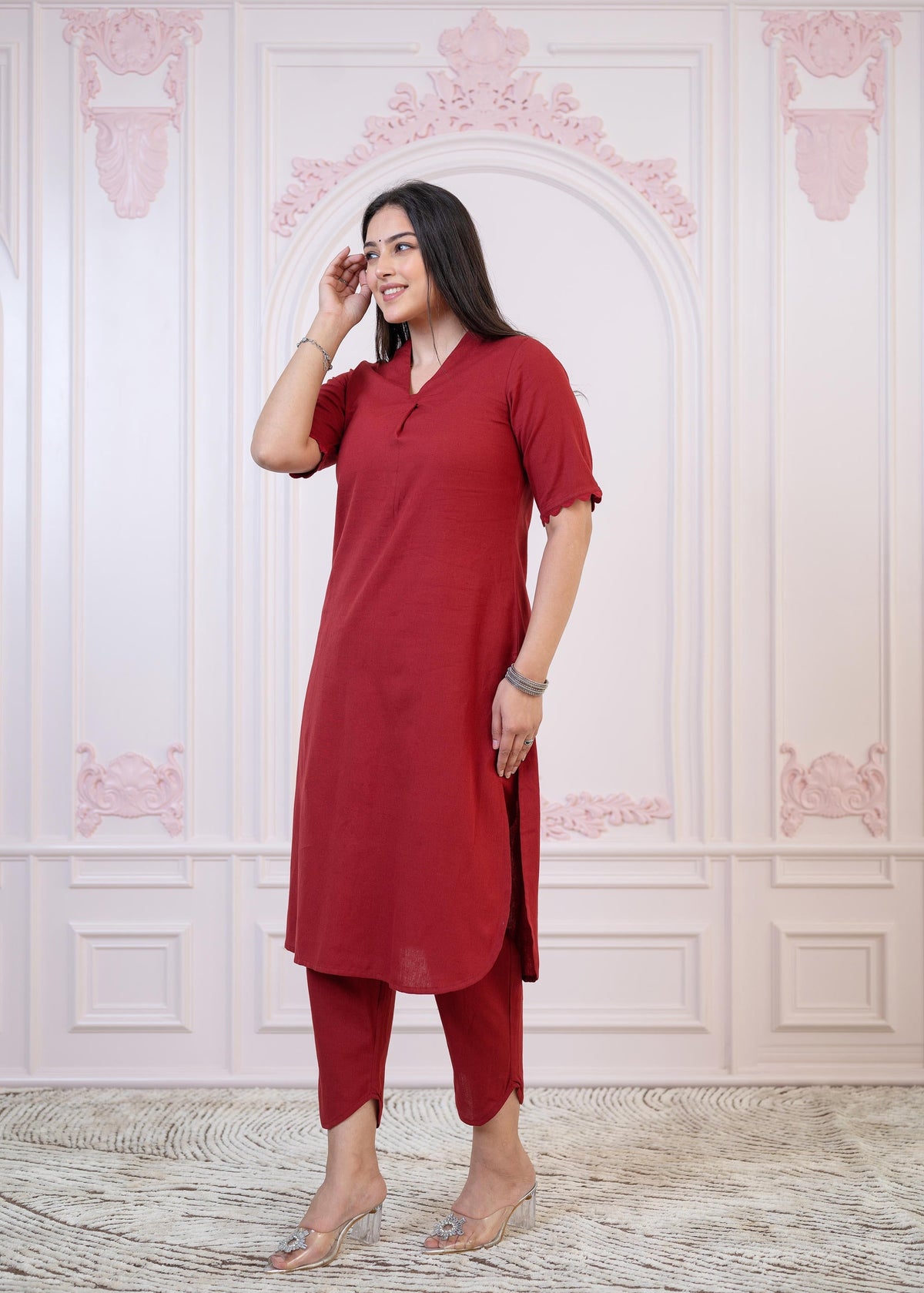 Juniper Maroon Cotton Linen Pleated Kurta-Pant Set With Cotton Lace