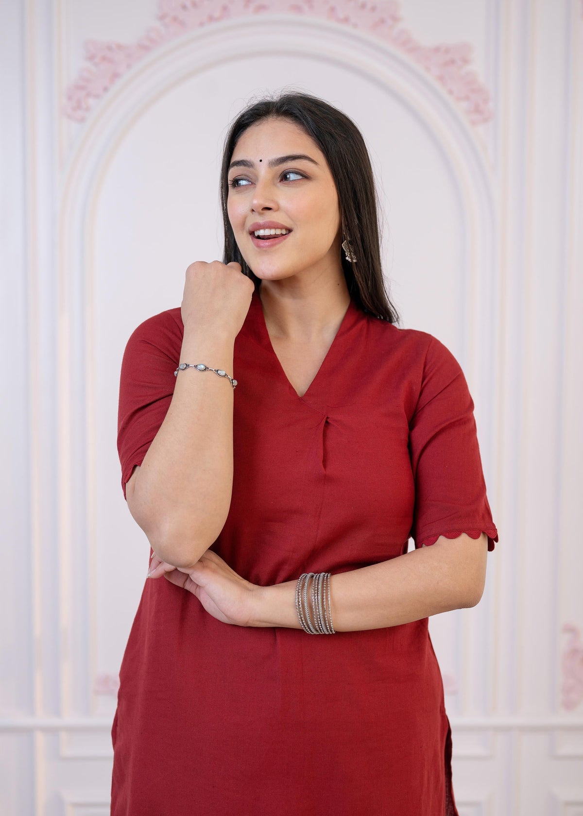 Juniper Maroon Cotton Linen Pleated Kurta-Pant Set With Cotton Lace