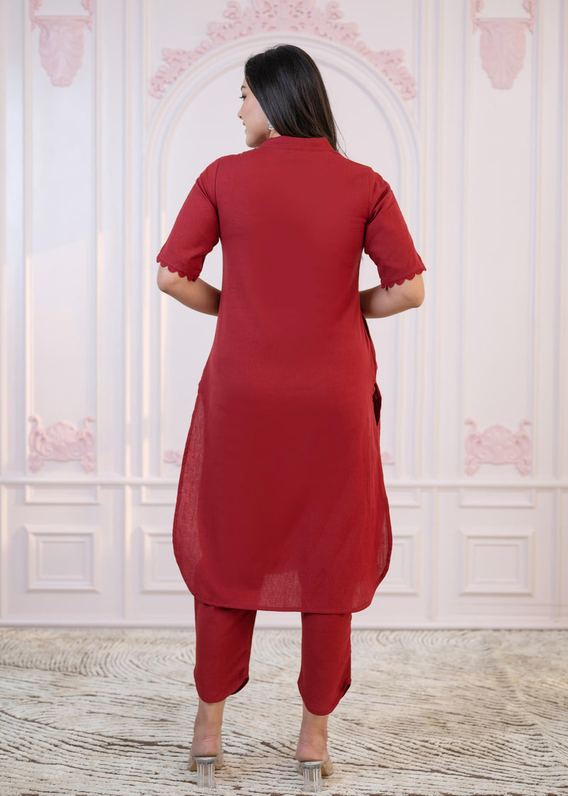 Juniper Maroon Cotton Linen Pleated Kurta-Pant Set With Cotton Lace