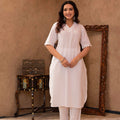 Juniper White Cotton Linen Pleated Kurta-Pant Set With Cotton Lace Detailing