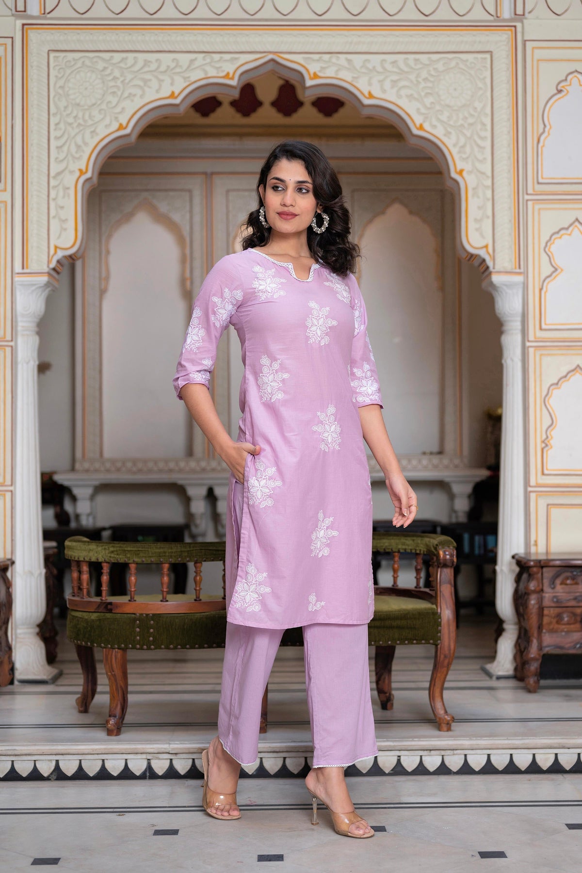 Juniper Lavender Floral Embroidered Cotton Slub Kurta With Palazzo & Hook Closure