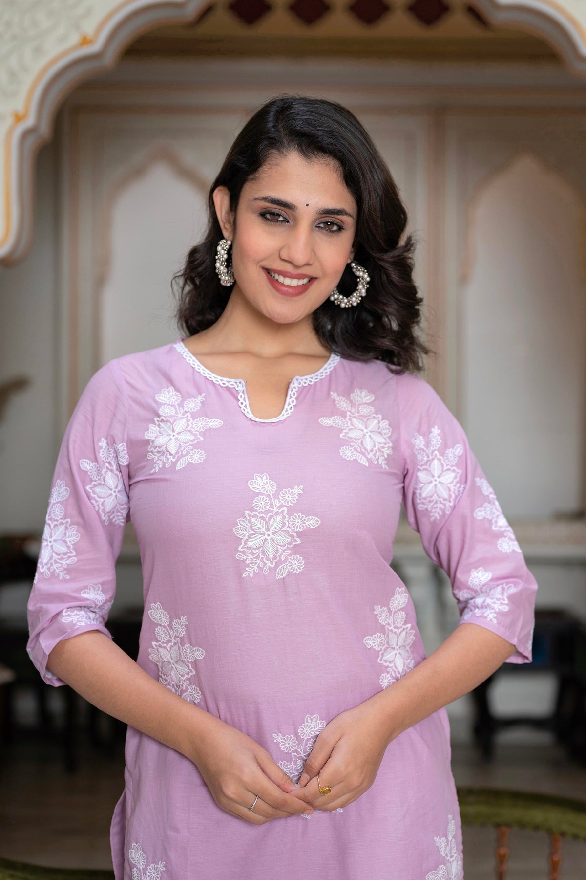 Juniper Lavender Floral Embroidered Cotton Slub Kurta With Palazzo & Hook Closure