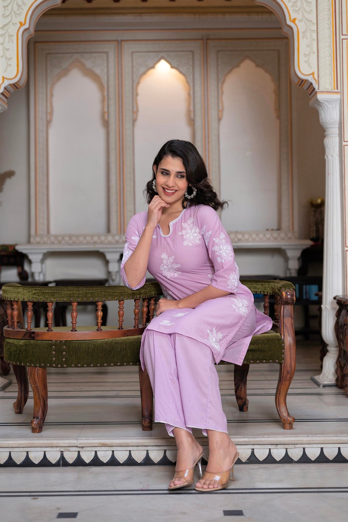 Juniper Lavender Floral Embroidered Cotton Slub Kurta With Palazzo & Hook Closure