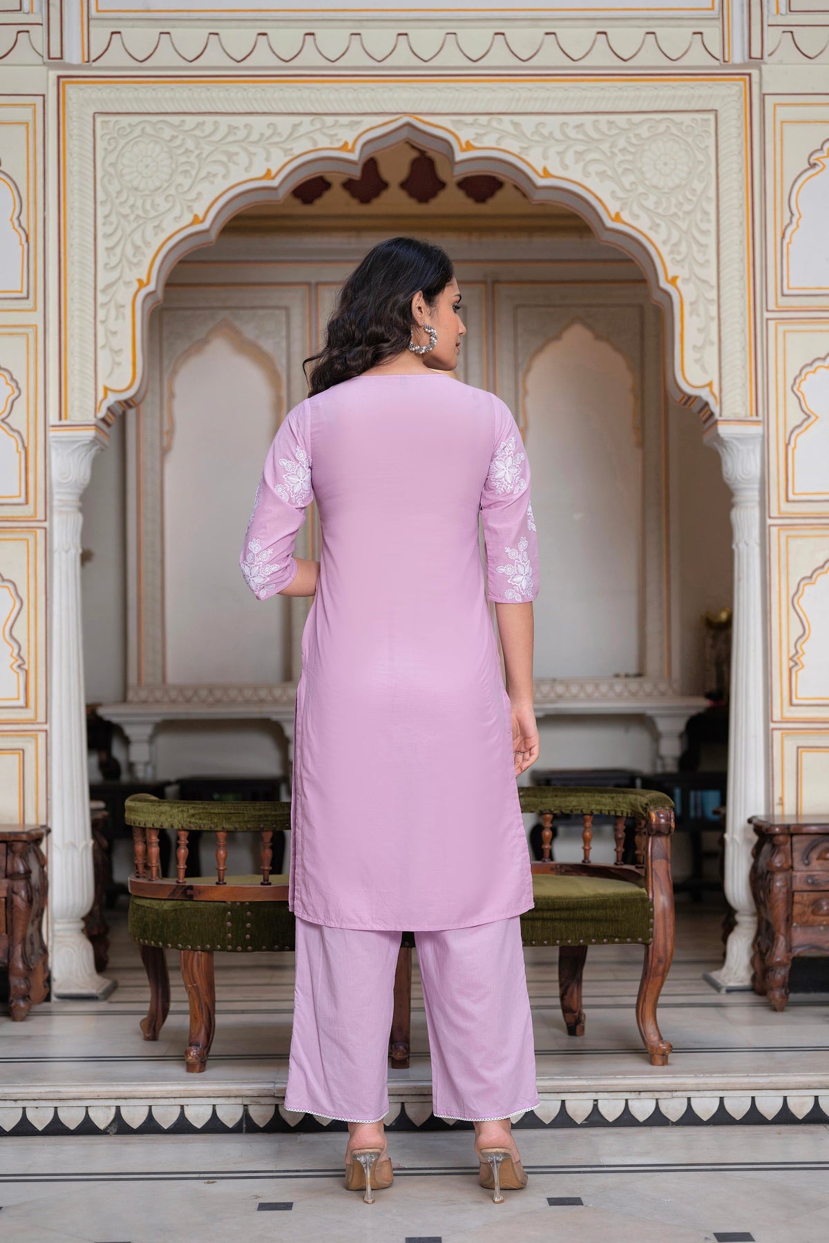 Juniper Lavender Floral Embroidered Cotton Slub Kurta With Palazzo & Hook Closure