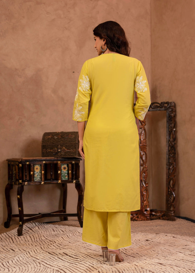 Juniper Lime Yellow Embroidered Cotton Slub Kurta With Palazzo & Thread Work