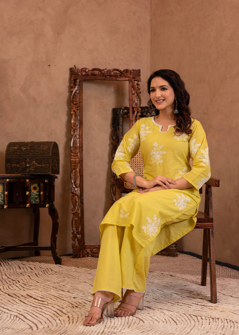 Juniper Lime Yellow Embroidered Cotton Slub Kurta With Palazzo & Thread Work