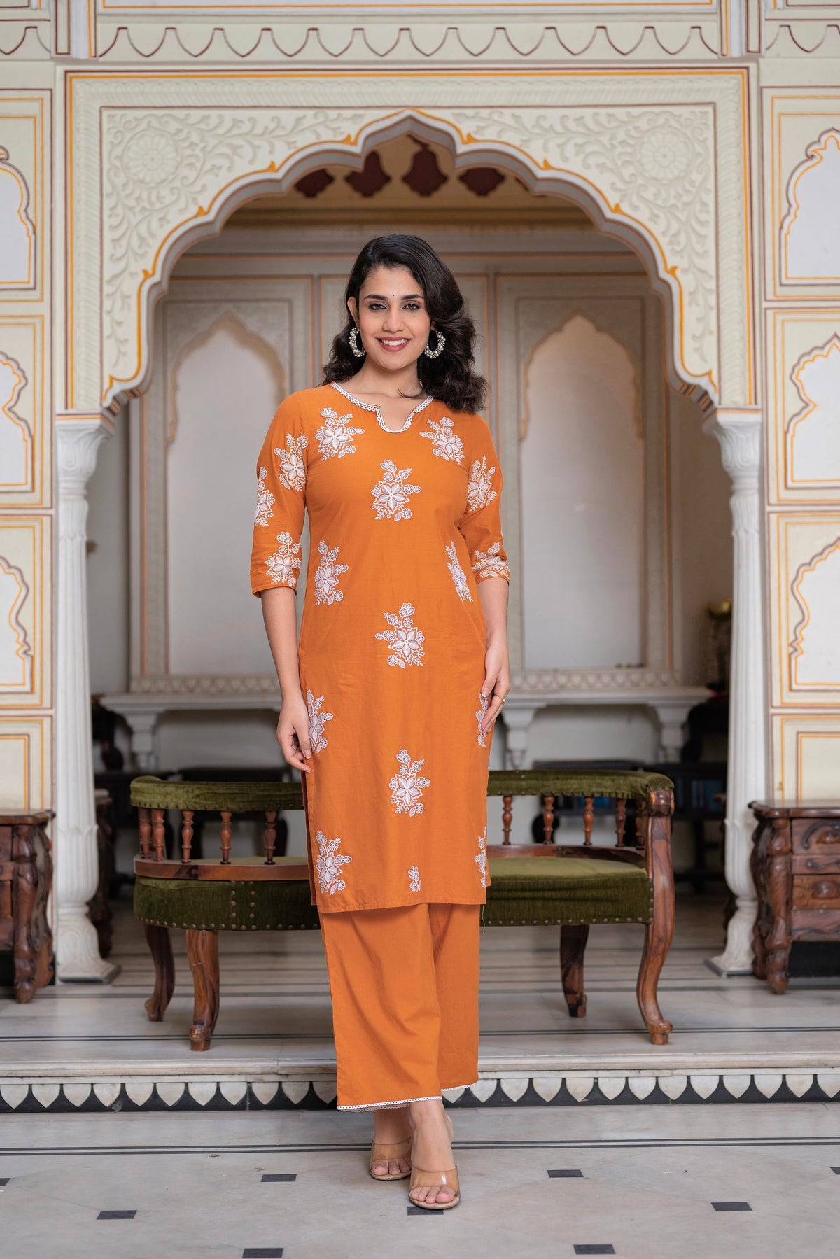 Juniper Rust Embroidered Cotton Slub Kurta-Palazzo Set With Thread Work & Cotton Lace