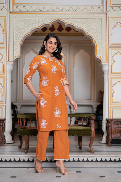 Juniper Rust Embroidered Cotton Slub Kurta-Palazzo Set With Thread Work & Cotton Lace