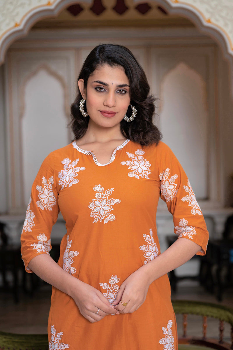 Juniper Rust Embroidered Cotton Slub Kurta-Palazzo Set With Thread Work & Cotton Lace