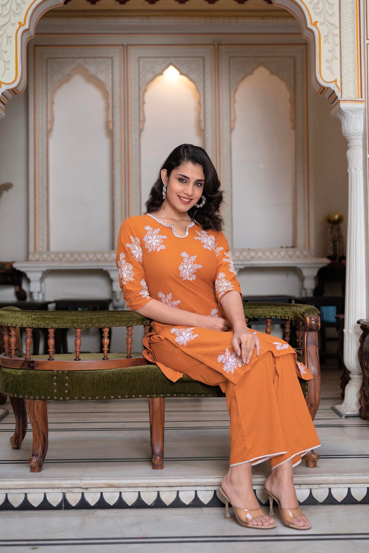 Juniper Rust Embroidered Cotton Slub Kurta-Palazzo Set With Thread Work & Cotton Lace