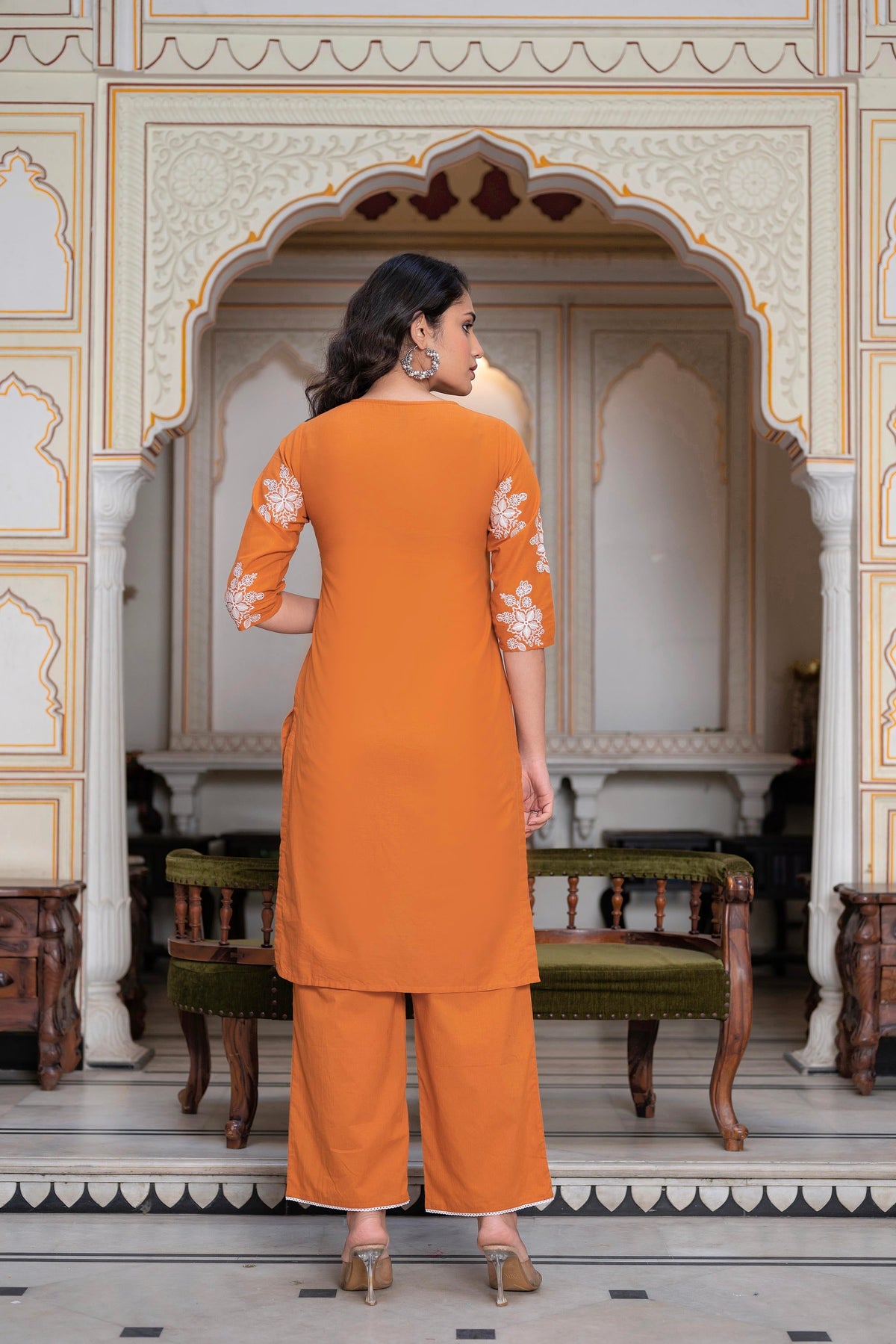 Juniper Rust Embroidered Cotton Slub Kurta-Palazzo Set With Thread Work & Cotton Lace