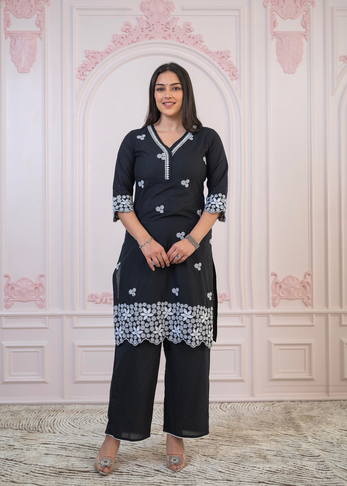 Juniper Black Floral Embroidered Cotton Slub Kurta With Palazzo & Lace