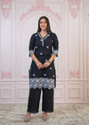 Juniper Black Floral Embroidered Cotton Slub Kurta With Palazzo & Lace