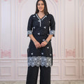 Juniper Black Floral Embroidered Cotton Slub Kurta With Palazzo & Lace