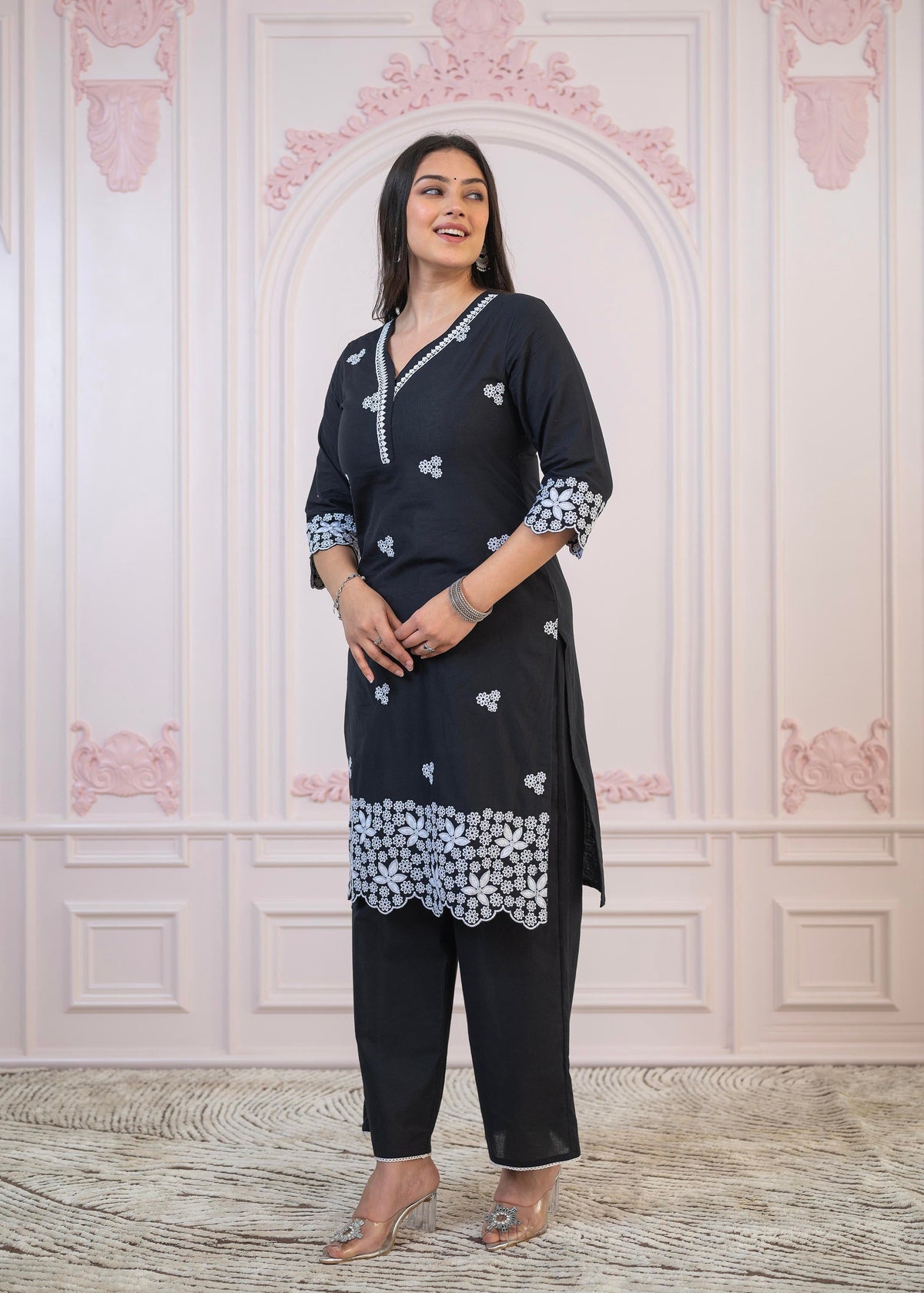 Juniper Black Floral Embroidered Cotton Slub Kurta With Palazzo & Lace
