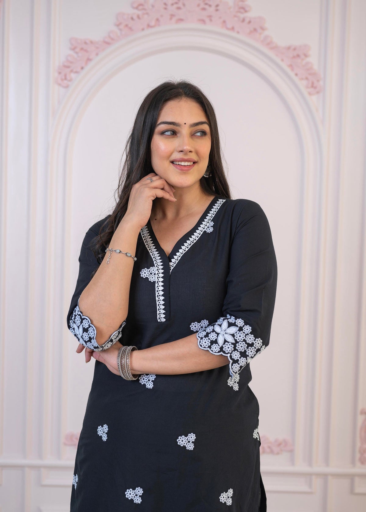 Juniper Black Floral Embroidered Cotton Slub Kurta With Palazzo & Lace