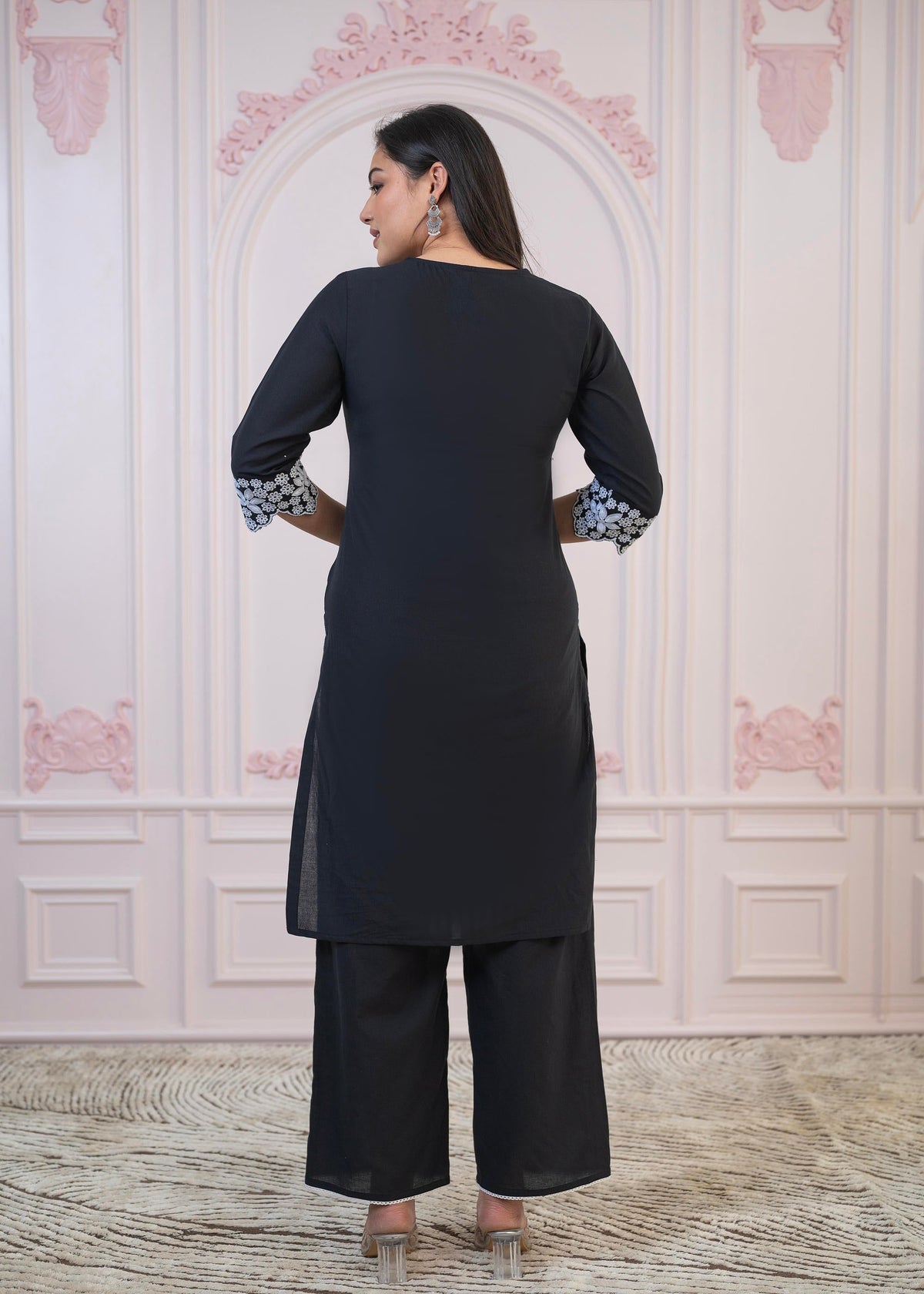 Juniper Black Floral Embroidered Cotton Slub Kurta With Palazzo & Lace